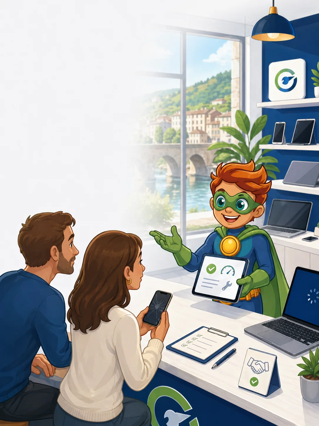 Un couple de clients à la boutique ORDiDOC à Ganges, accompagné par le Super-Tech qui présente un diagnostic sur tablette, écran cassé en main, vue sur le pont du Vigan en arrière-plan